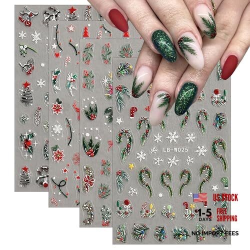 4Pcs Christmas Nail Art Stickers 5D Embossed Nail Decals Winter Christmas Tree