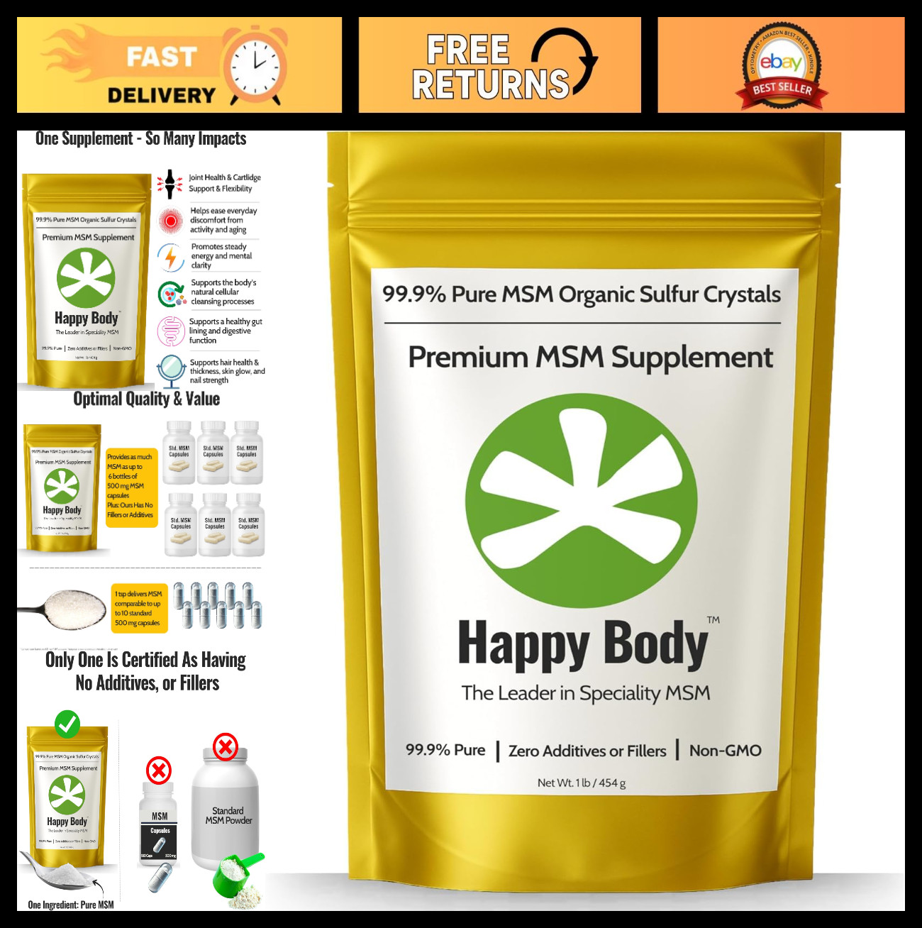 99.9% Pure Organic Sulfur Crystals – MSM for Joint Support, Hair & Skin – 90 Ser