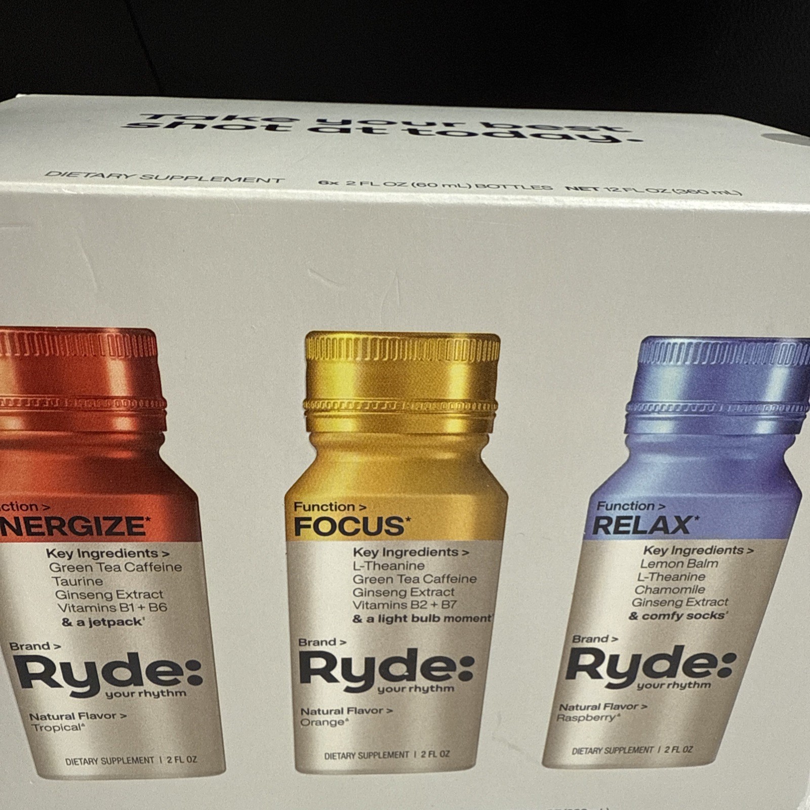 Ryde: Your Rhythm Shots 2.02 fl oz Energize Focus Relax 6 Pack 3 Flavors 12/2025
