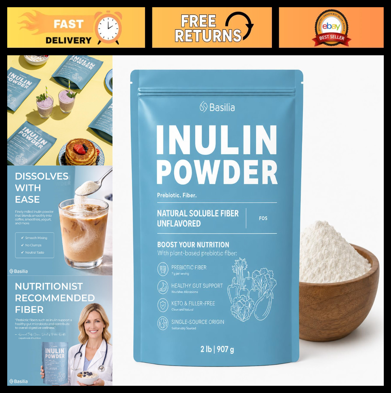 Prebiotic Inulin Powder | Agave Fiber for Gut Health & Digestion | Vegan, Non-GM