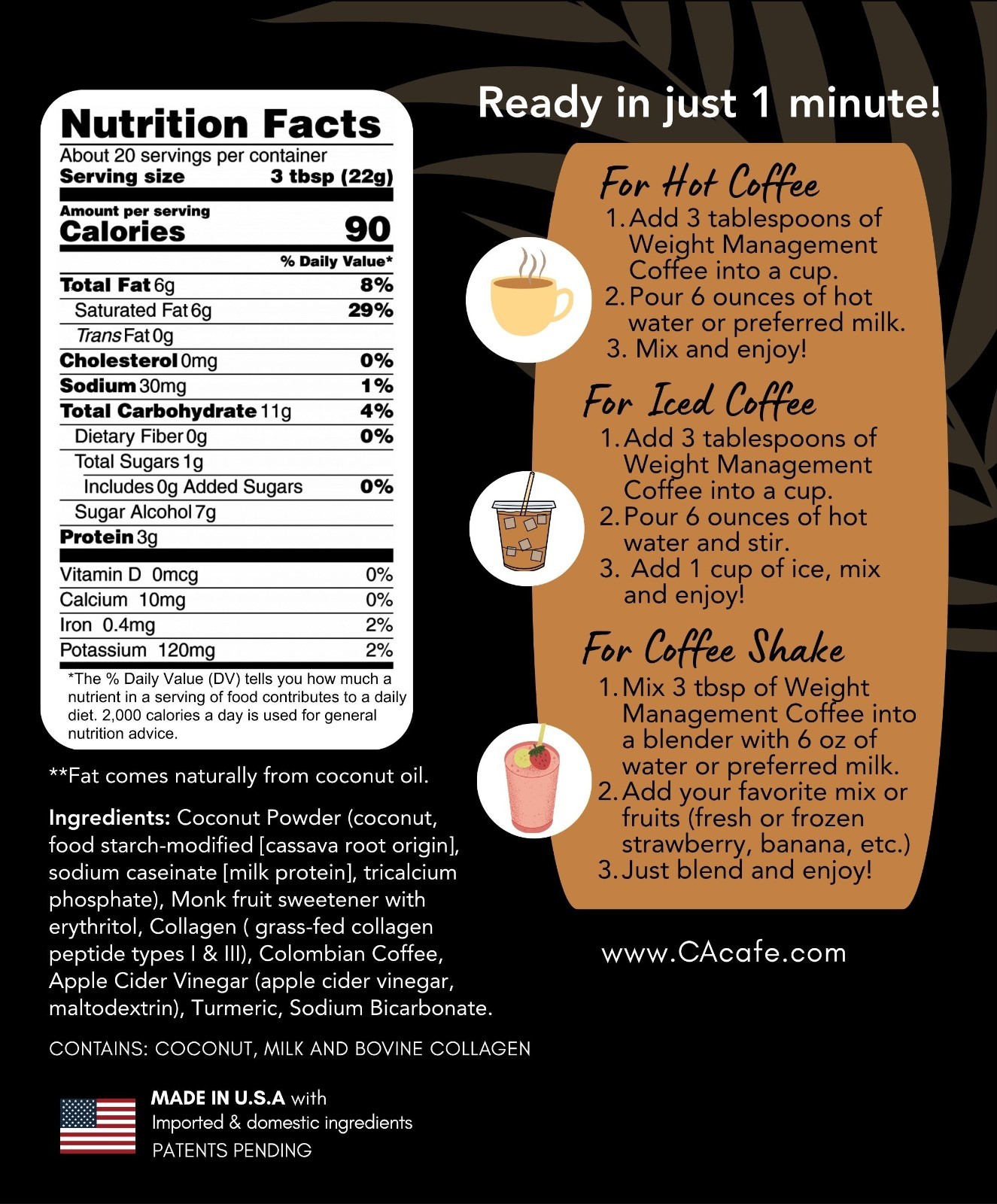 CAcafe Weight Management Coffee– No Sugar Added (90 Calories) 16OZ