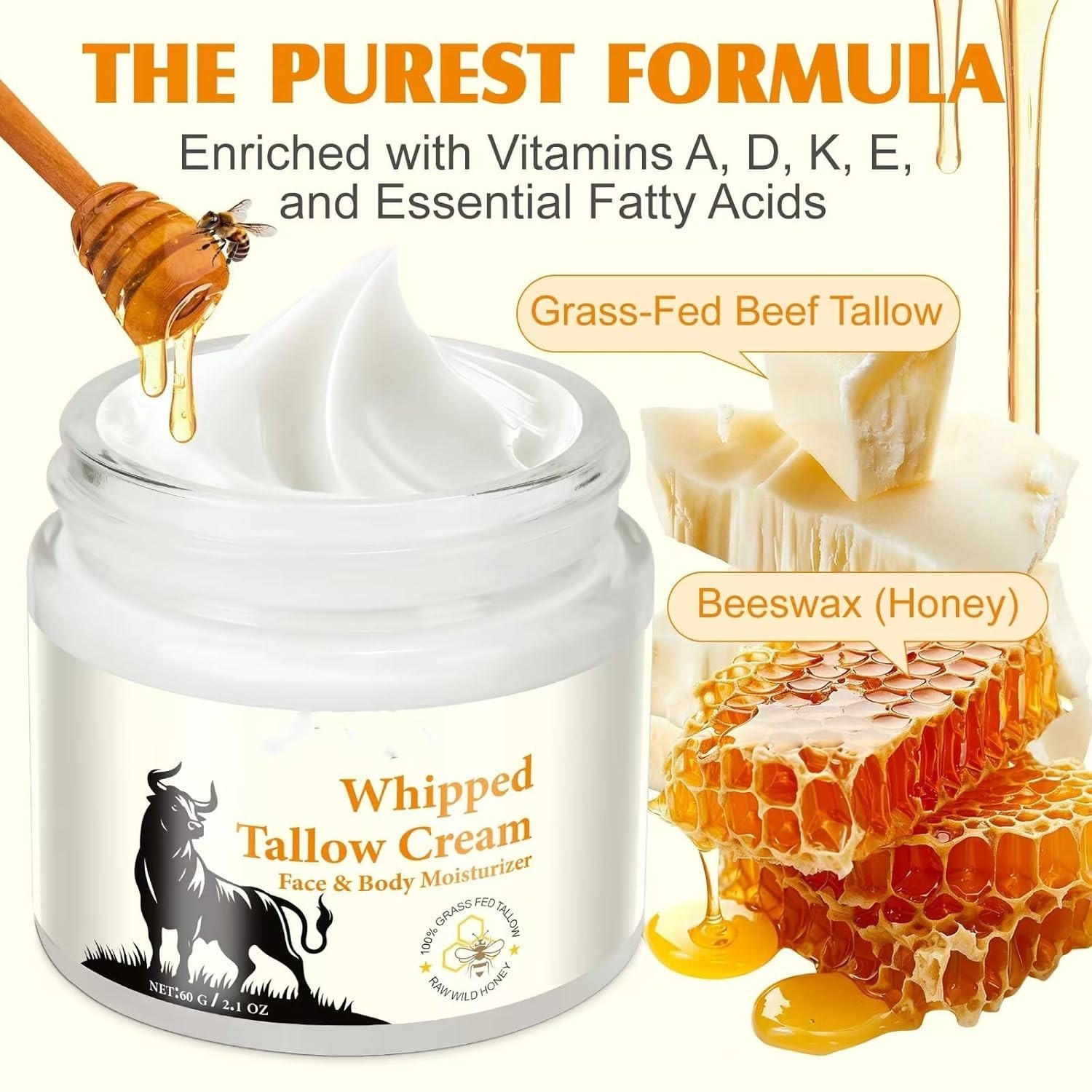 Beef Tallow Honey Balm Face Body Moisturizer Grass Fed Skin Care 2oz