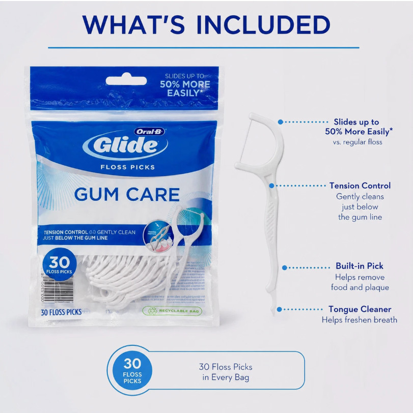 Oral-B Glide Gum Care Dental Floss Picks, Good for Back Teeth, 30 Ct