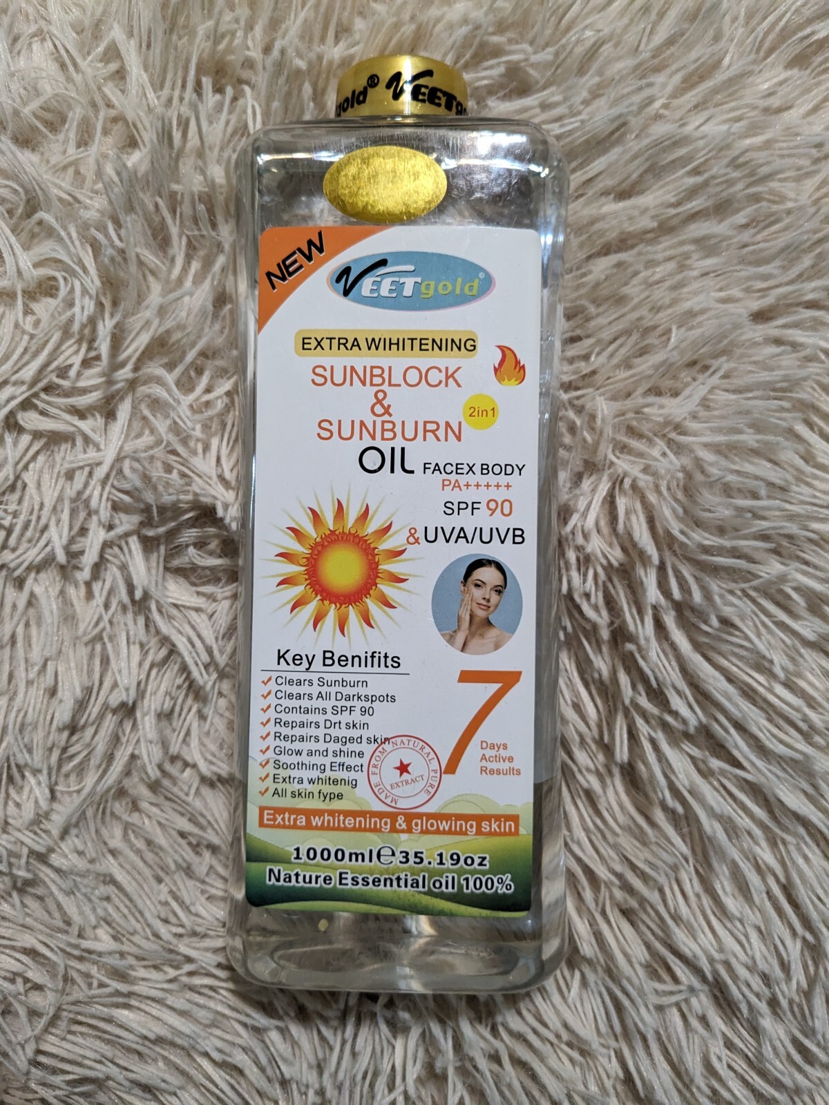 Veet Gold sunblock & sunburn face body corrector oil spf 90 UVA uvb, Pa+++++