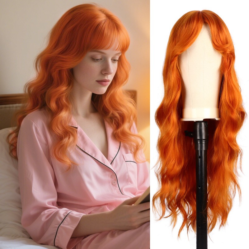 Orange Long Water Wave Big Curly Machine Made Synthetic Wig for Women Daily