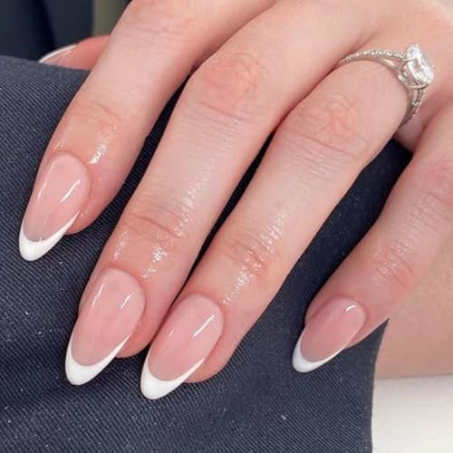 French Tip Press on Nails Almond, Summer Short Almond Fake A1-French White