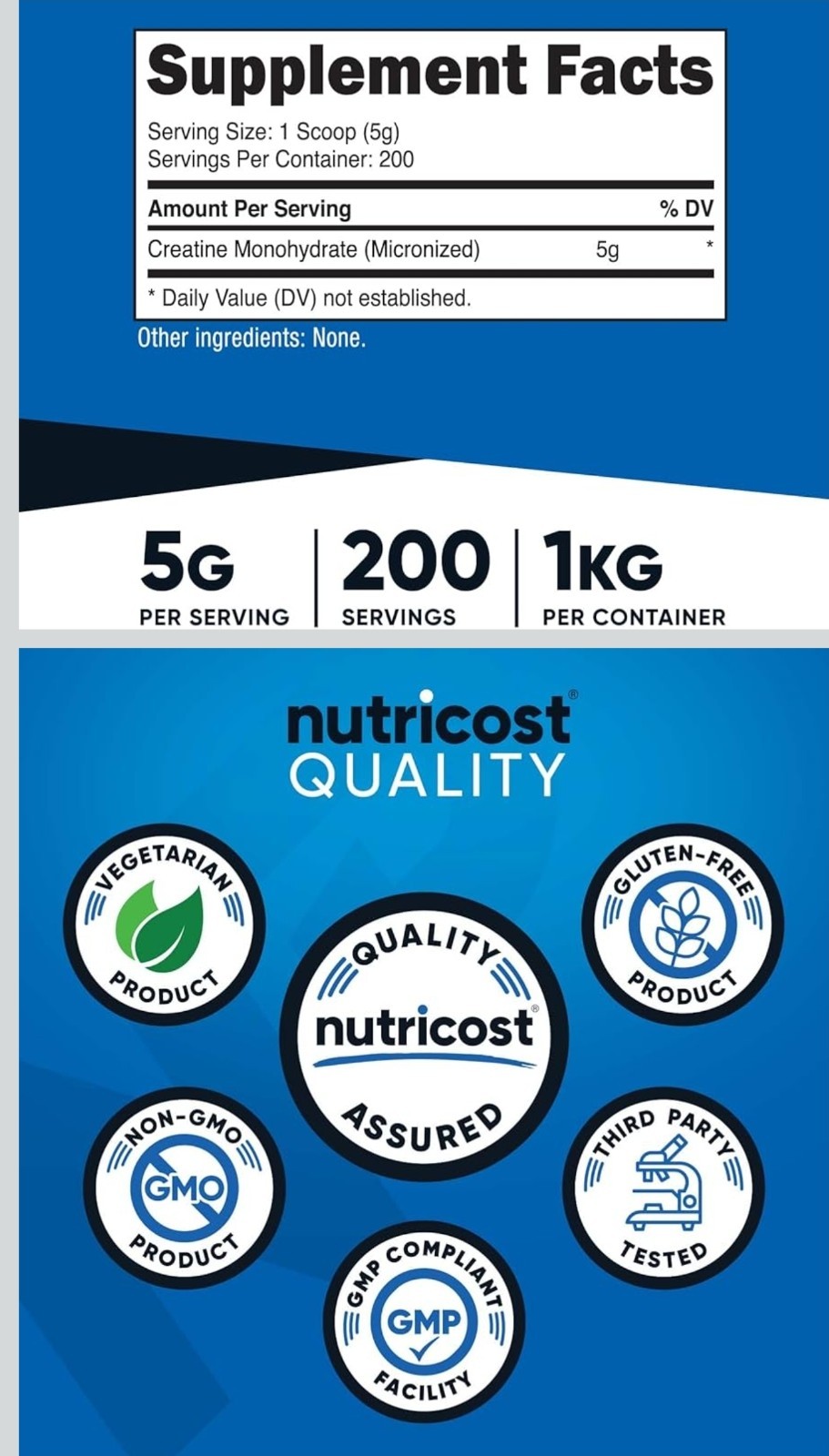 Nutricost Creatine Monohydrate Micronized Powder Unflavored 1kg Gluten-Free