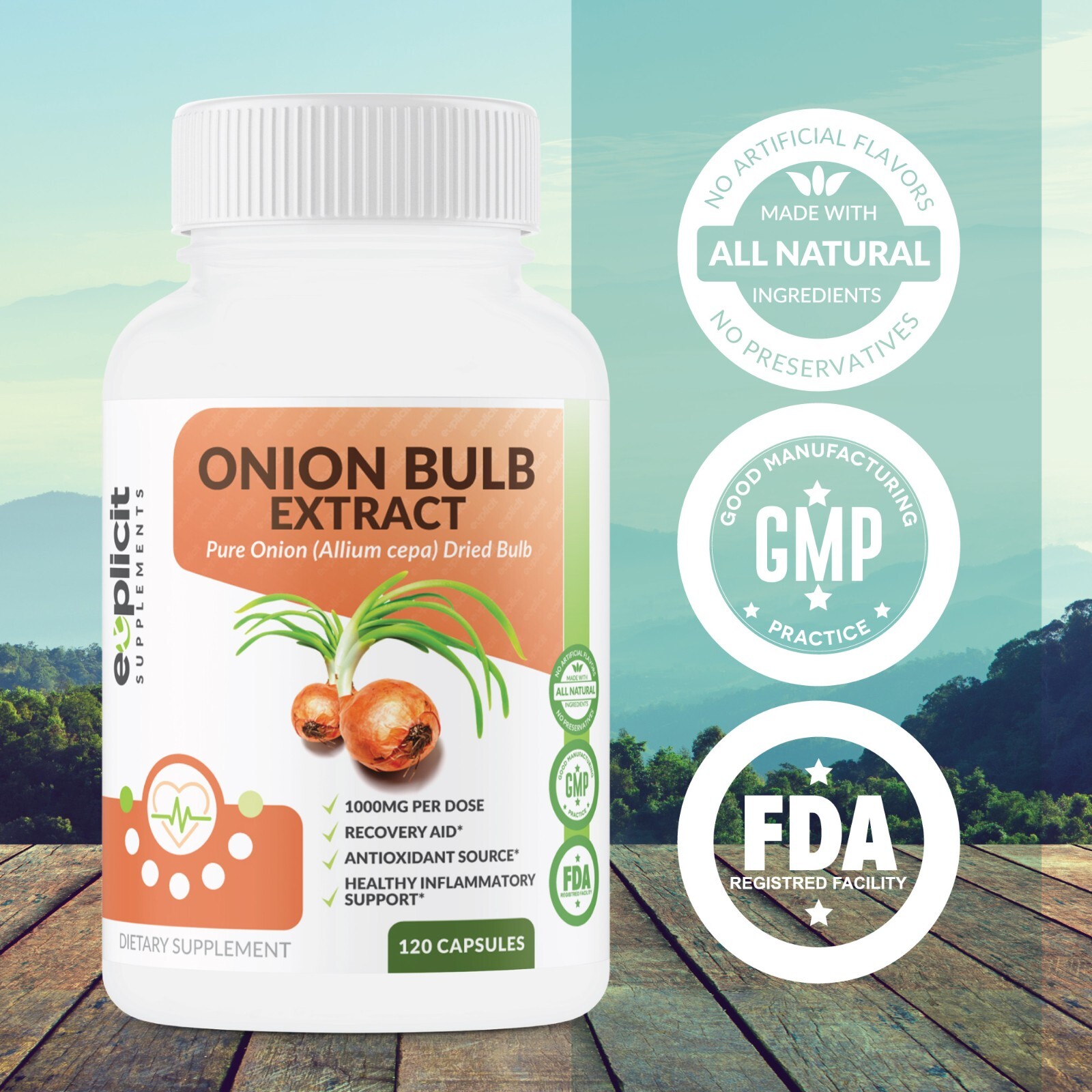 All Natural Onion Extract 1000mg – Dried Onion Bulb (Allium Cepa) – 120 Caps