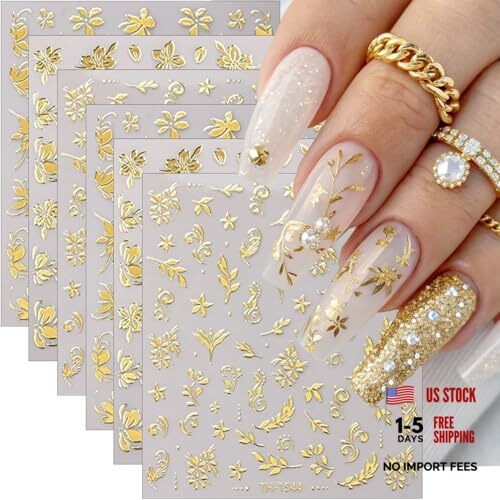 6Pcs Gold Nail Art Stickers 3D Metallic Floral Leaf Flowers Stickers Style-7