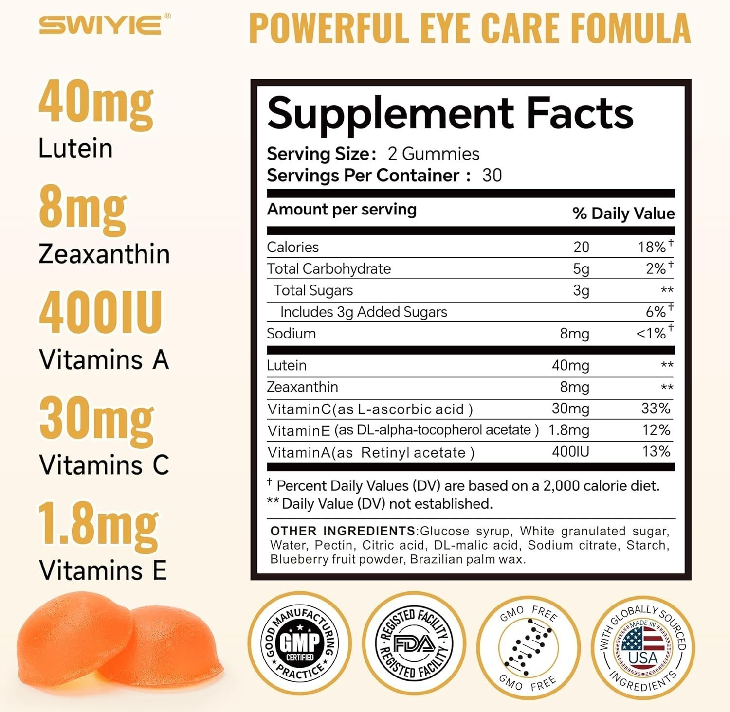 LUXRY SWIYIE Lutein Gummies – Eye Health Support with Lutein&Zeaxanthin, 60 Gums