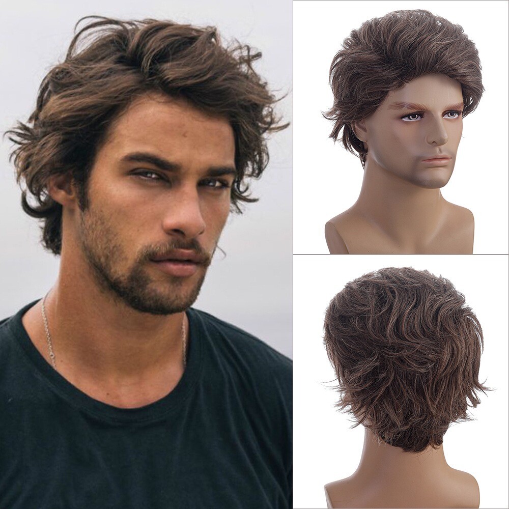 Men’s 10in Medium Brown Wavy Wig Full Cosplay Party Synthetic Heat Resistant