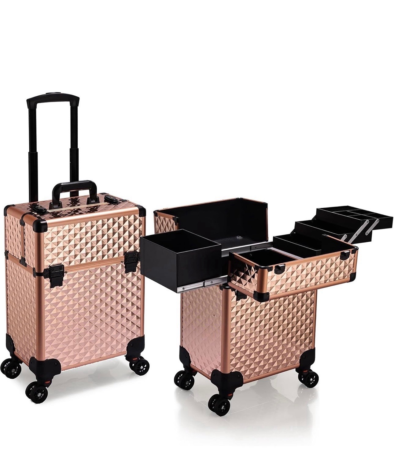 Rose Gold & Black Rolling Makeup Case w/ Wheels, Retractable Handle 20.5in