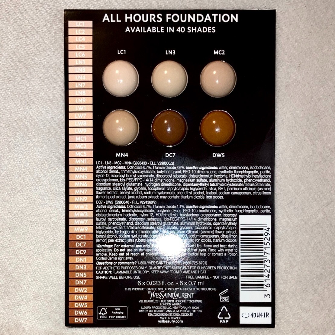 Yves Saint Laurent All Hours Luminous Matte Foundation Sample Card (6 Shades)