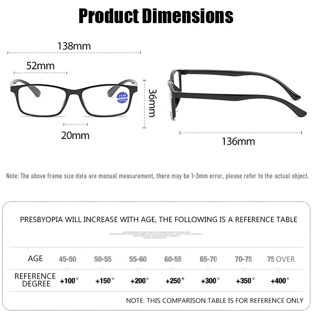 Lightweight Reading Glasses Anti Blue Light Eyewear Rectangular Computer Readers