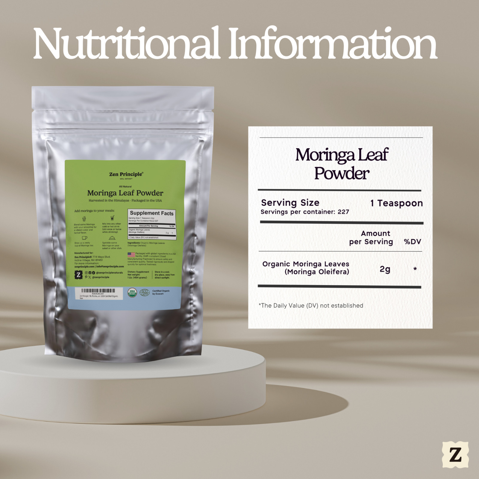 1 lb. Premium Organic Moringa Oleifera Leaf Powder. 100% USDA Certified. Sun-…