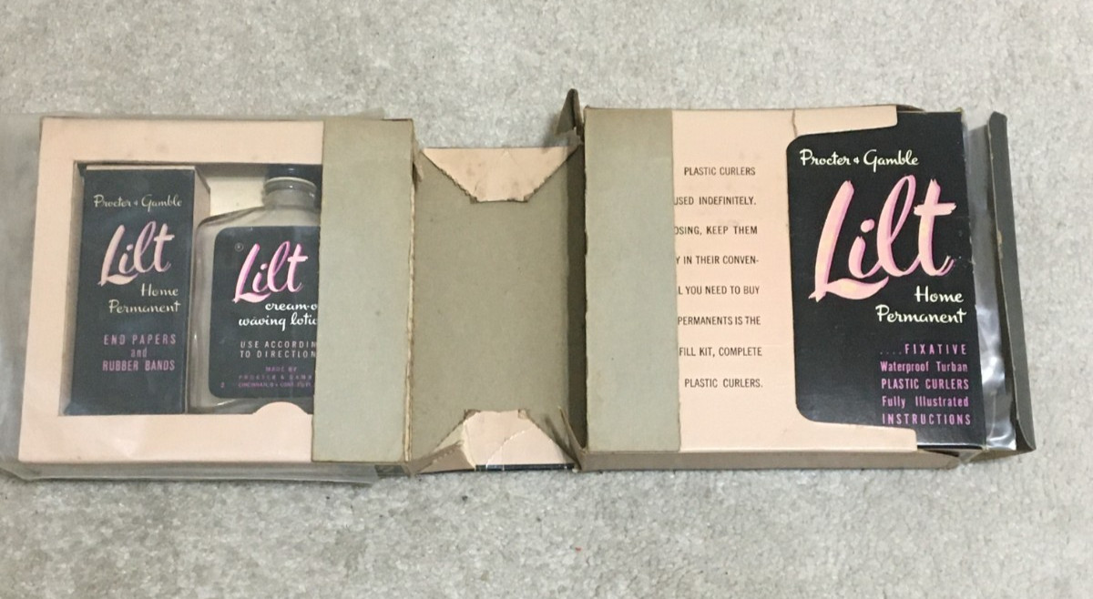 Vntg c1950s LILT Rollers, Turban, End Papers, Wave Lotion, Boxes, Procter Gamble