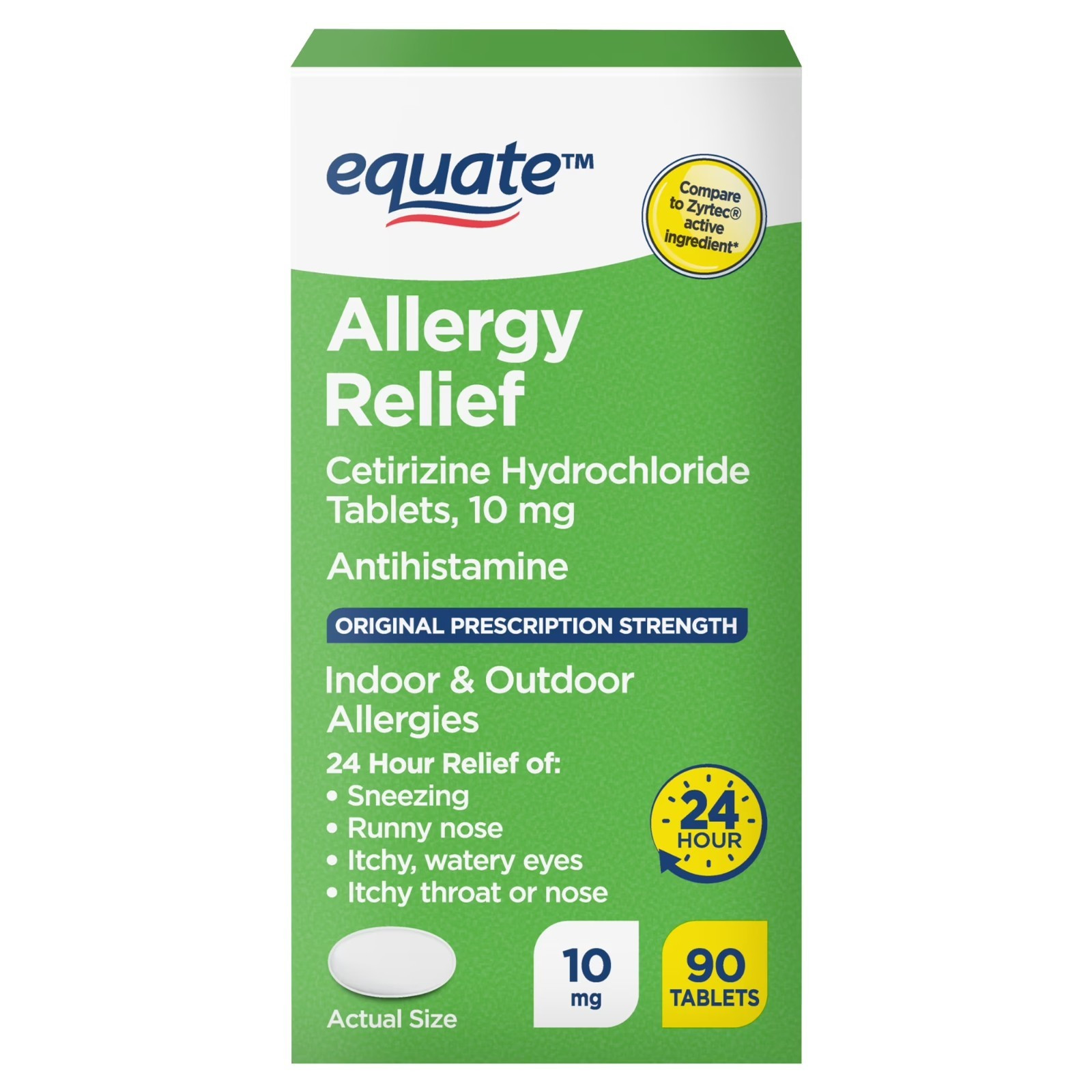 Equate Cetirizine 10 Mg Allergy Relief Tablets 24 Hour Antihistamine 90 Count