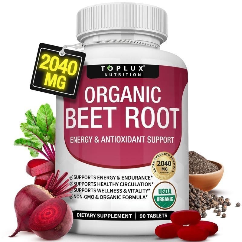 TopLux Organic Beet Root 2040mg – 90 Tablets – Energy, Circulation Antioxidant &
