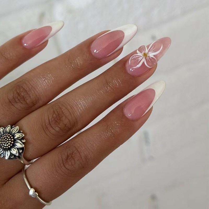 24Pcs-Bridal Almond Nails Pink White French Hand Drawn Floral Press on Nails