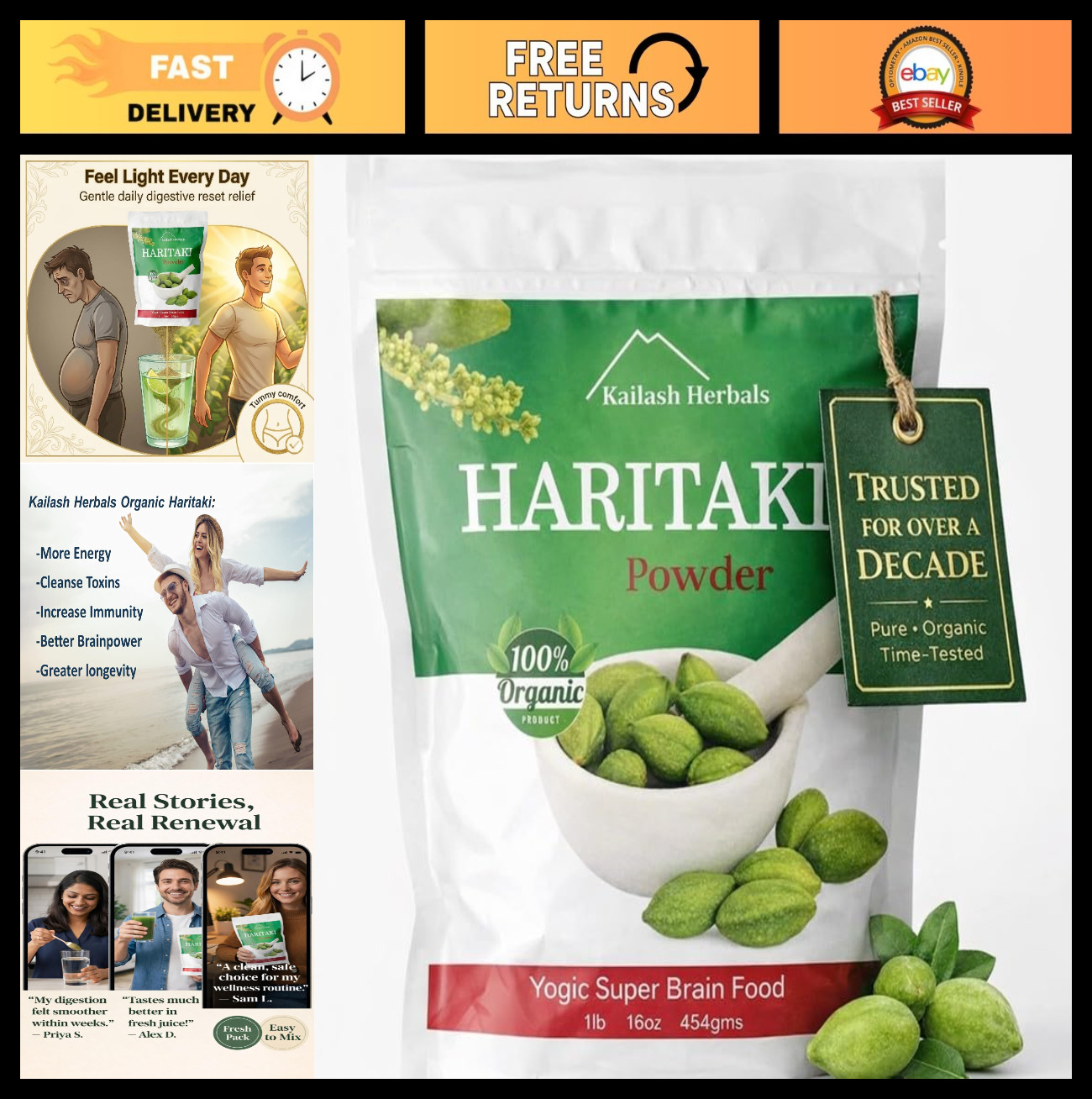 Organic Haritaki Powder 1 lb – Ayurvedic Digestive Support, Vegan, Non-GMO