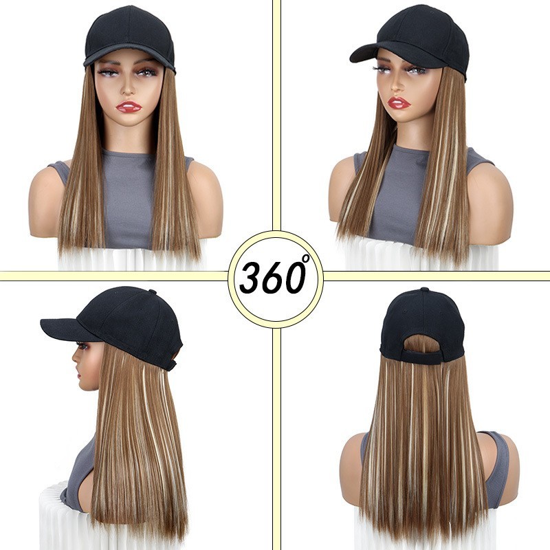 Baseball Cap Wig Long Straight Synthetic Hair Attached Hat for Women Heat Resist