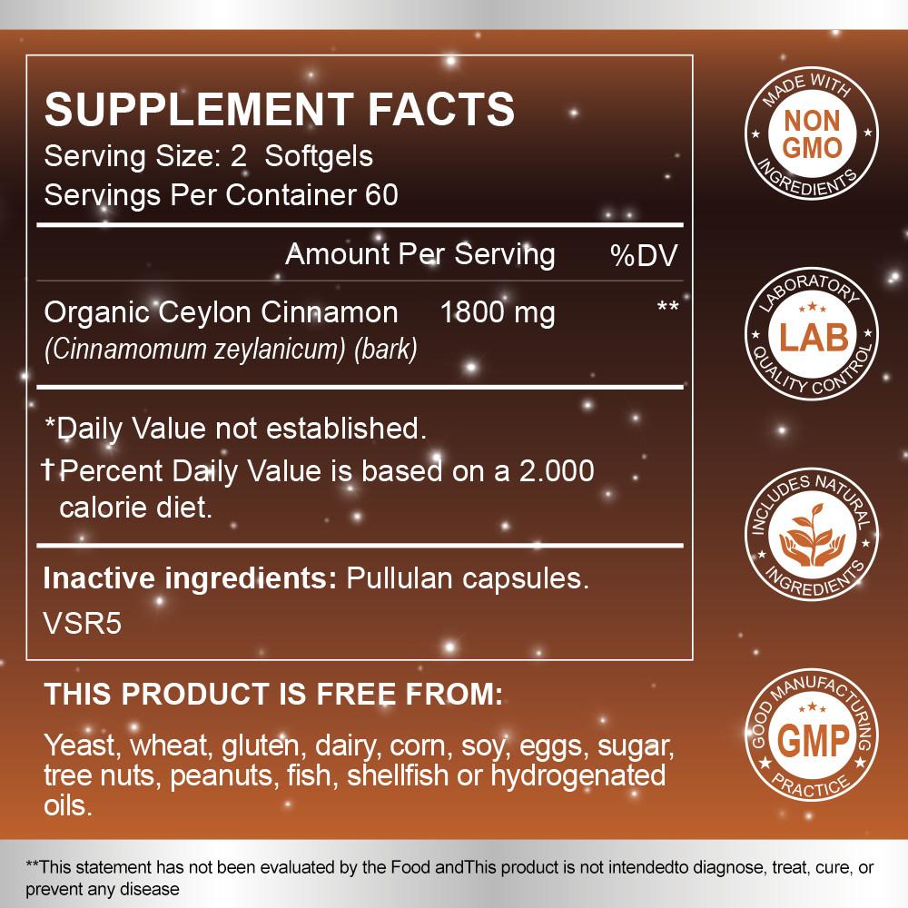 Organic Ceylon Cinnamon Capsules 1800mg Highest Potency Blood Sugar Heart Health