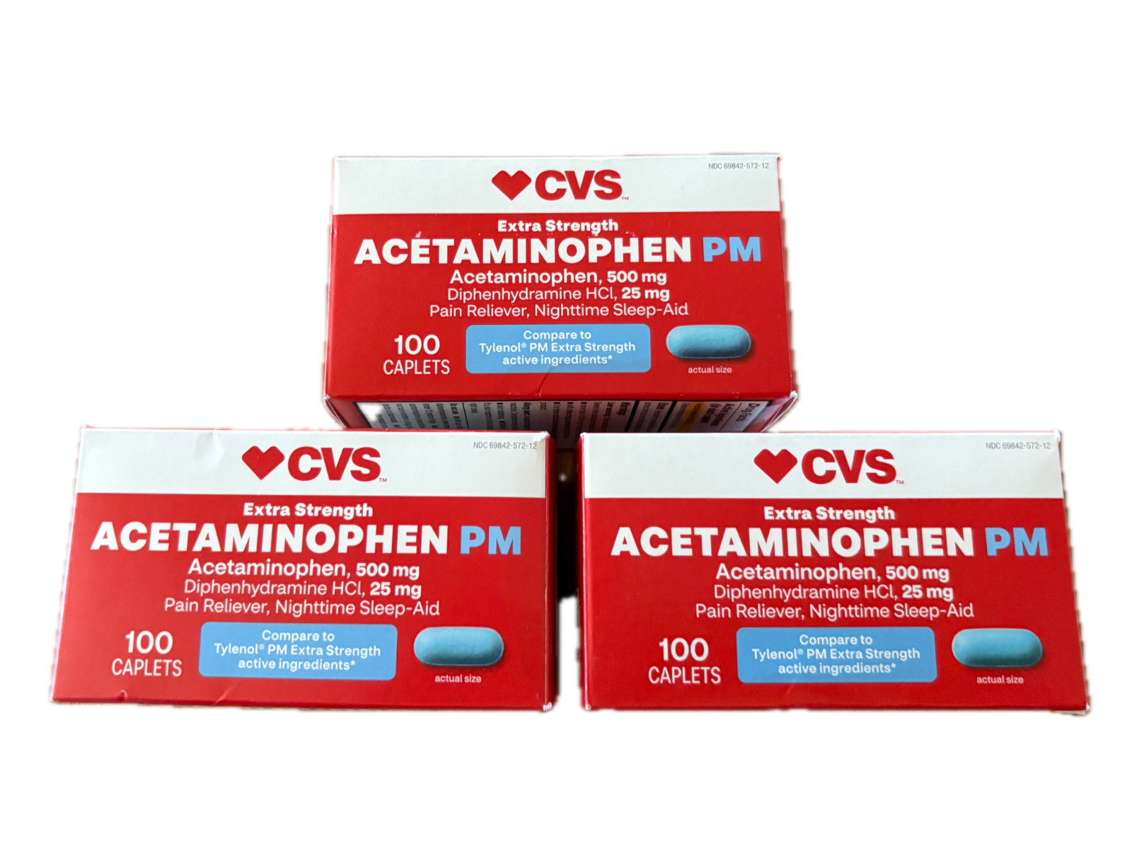 Extra Strength CVS Acetaminophen PM 100 tablets x 3 Pain Reliever EXP 8 & 9/2028