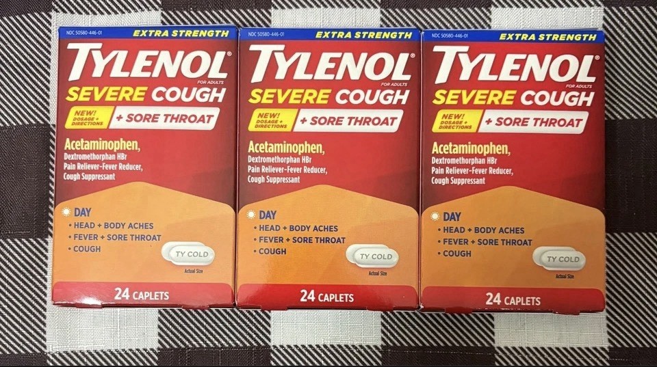 3PK Tylenol Severe Cough + Sore Throat 500 MG 24 Caplets EA EXP 07/27