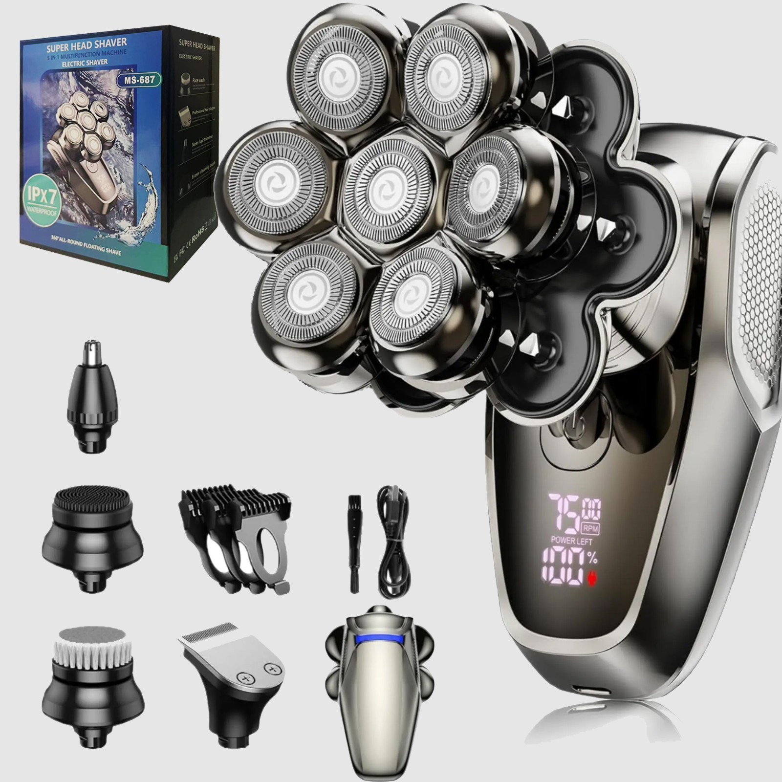 7D Cordless Shaver Hair Trimmer Men’s 5-In-1 Electric Head Shaver Razor Men Wet
