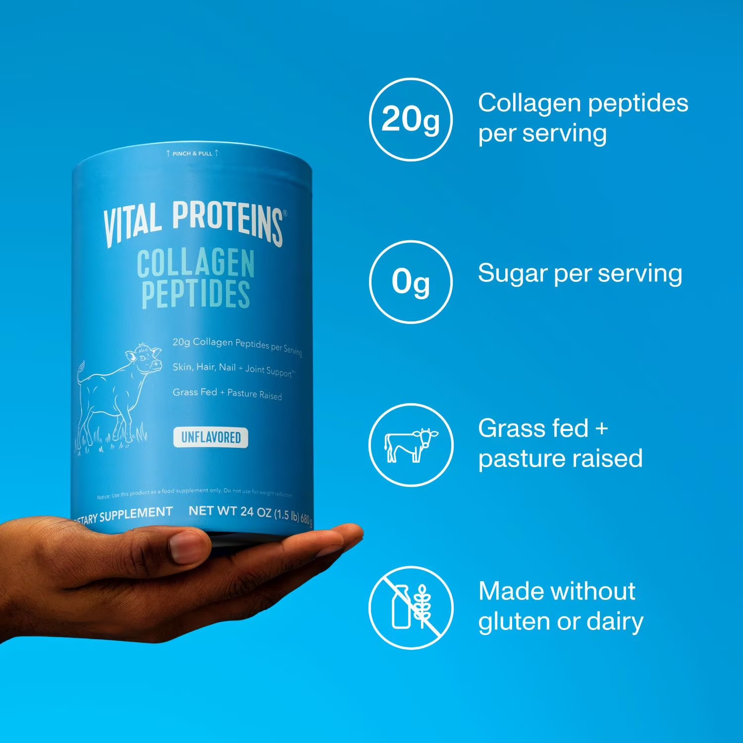New Sealed Vital Proteins Collagen Peptides Grass Fed Unflavored 24oz (1.5 LBS)