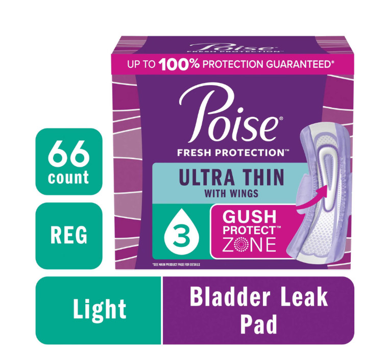 Poise Ultra Thin Incontinence Pads with Wings, 3 Drop Light Absorbency, 66 Count