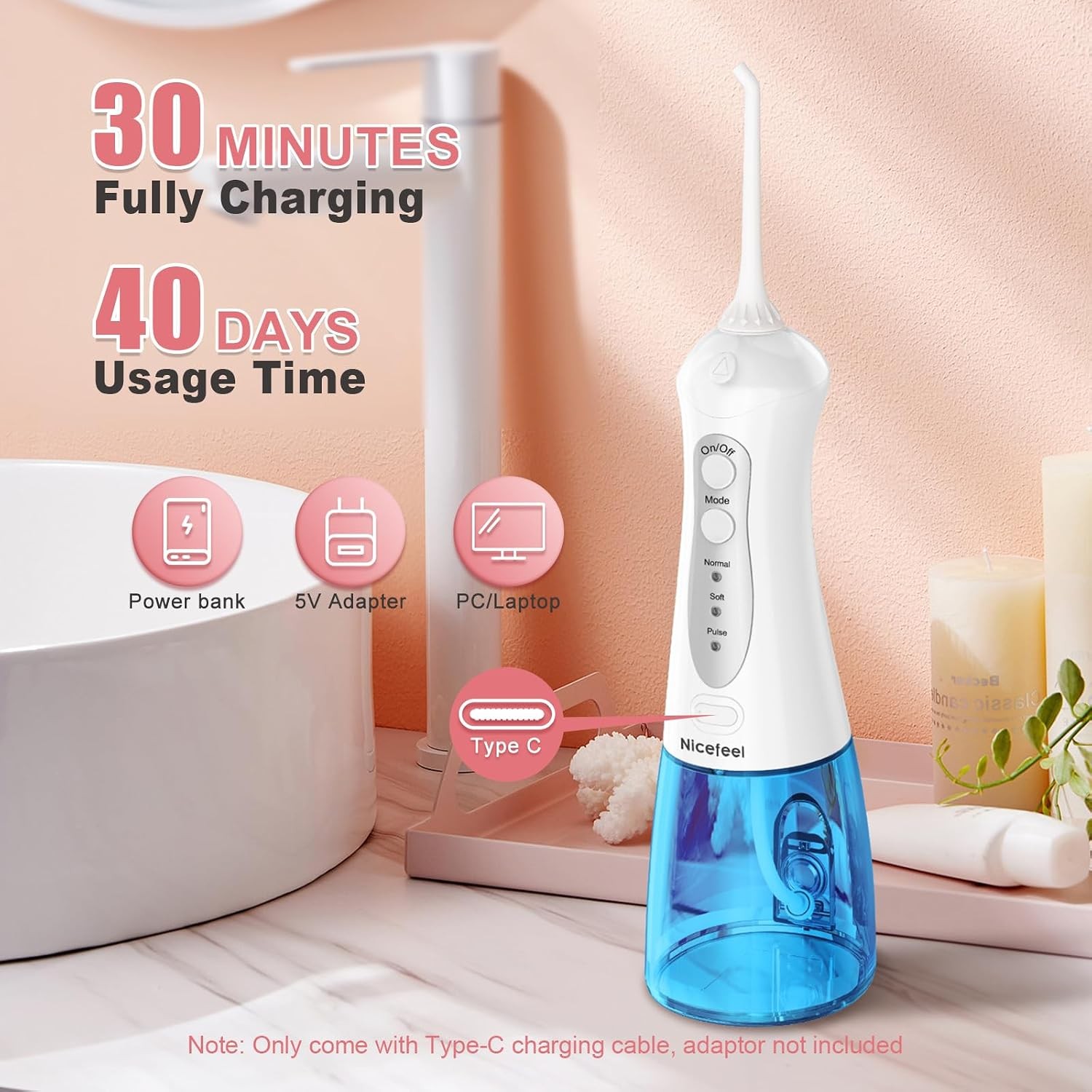 Nicefeel Cordless and Rechargeable Water Flosser – 300ML Water Tank Oral Irri…