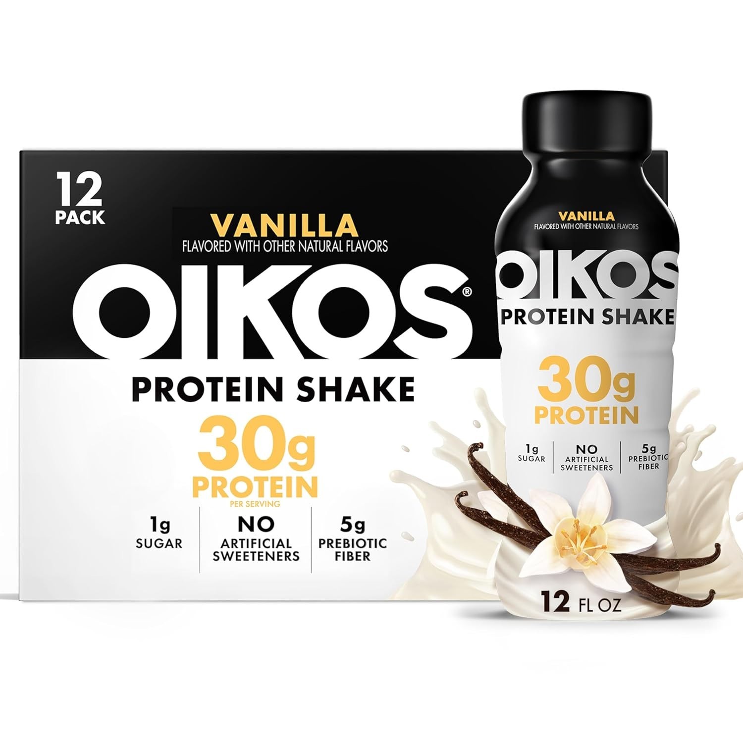 Oikos Protein Shake, Vanilla, 30g High Drinks, 12 Fl Oz (Pack of 12)