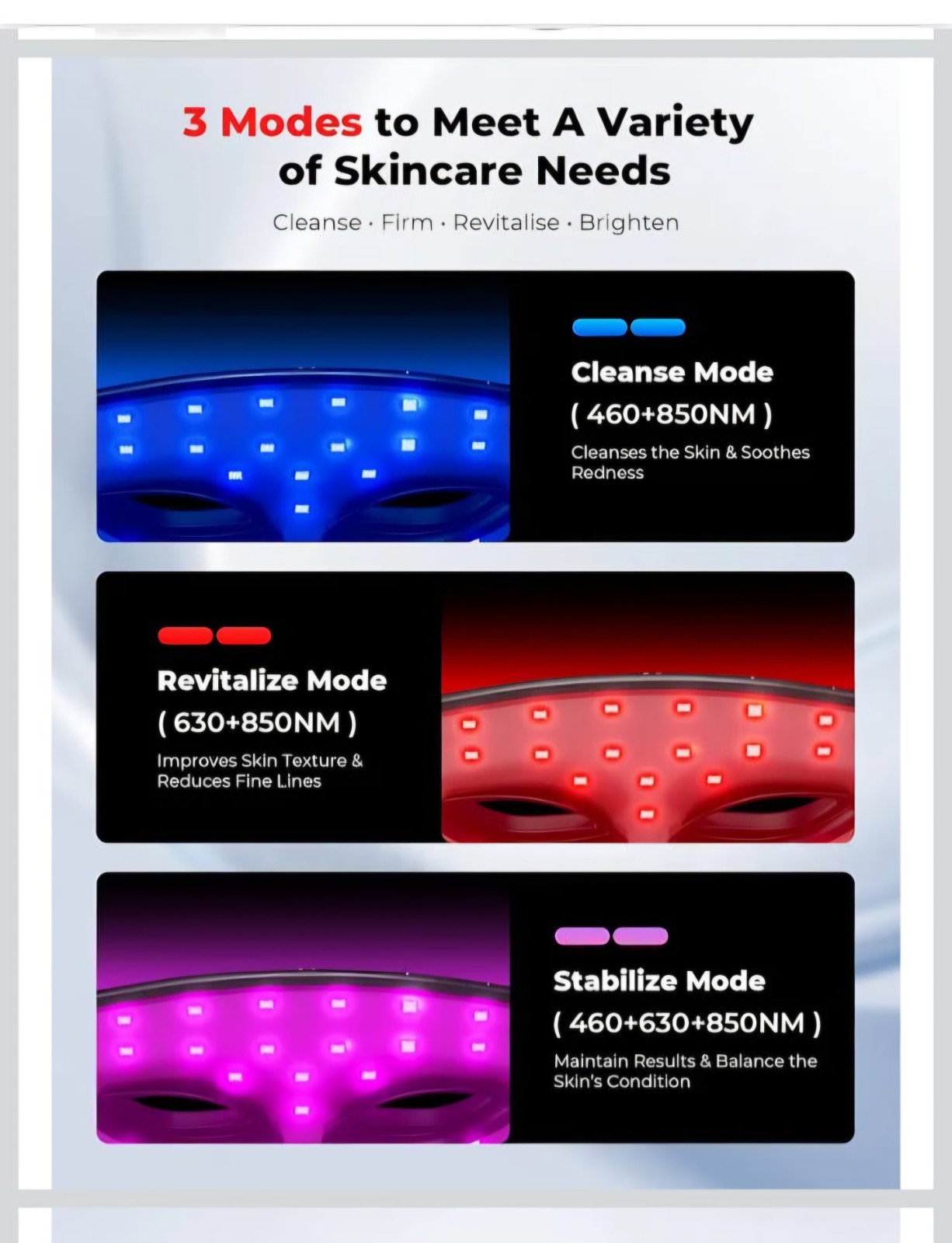 LED Light Therapy Face Mask w/ Remote Controller 3 Modes Rechargeable Black/Gold