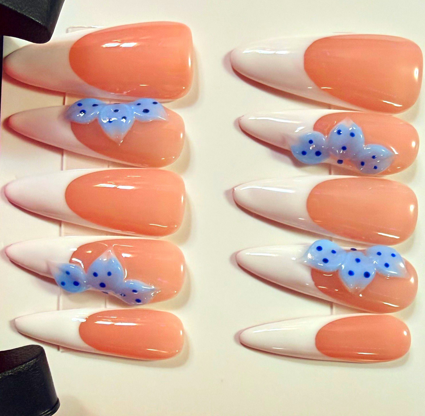 Pink/White/Blue Flower French Tip Stiletto Press-On Nails, Long Full Cover