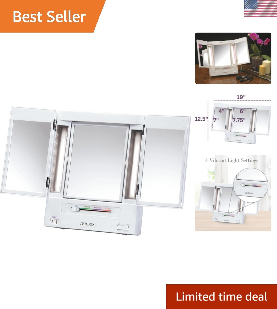 Portable Lighted Makeup Mirror – Tri-Fold with 5X Magnification & Power Outlet