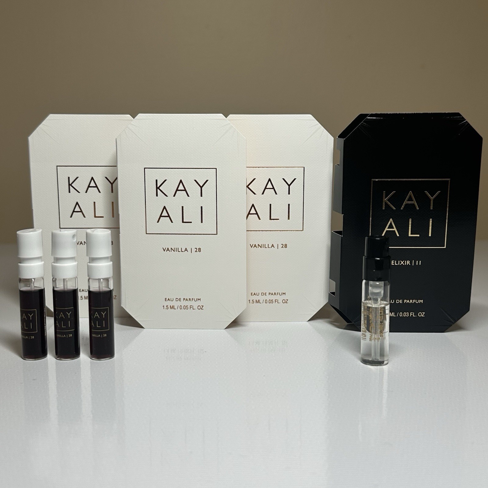 3 Kayali Vanilla 28 + 1 Kayali Elixir | 11 . Eau De Parfum . 1.5ml Travel Size
