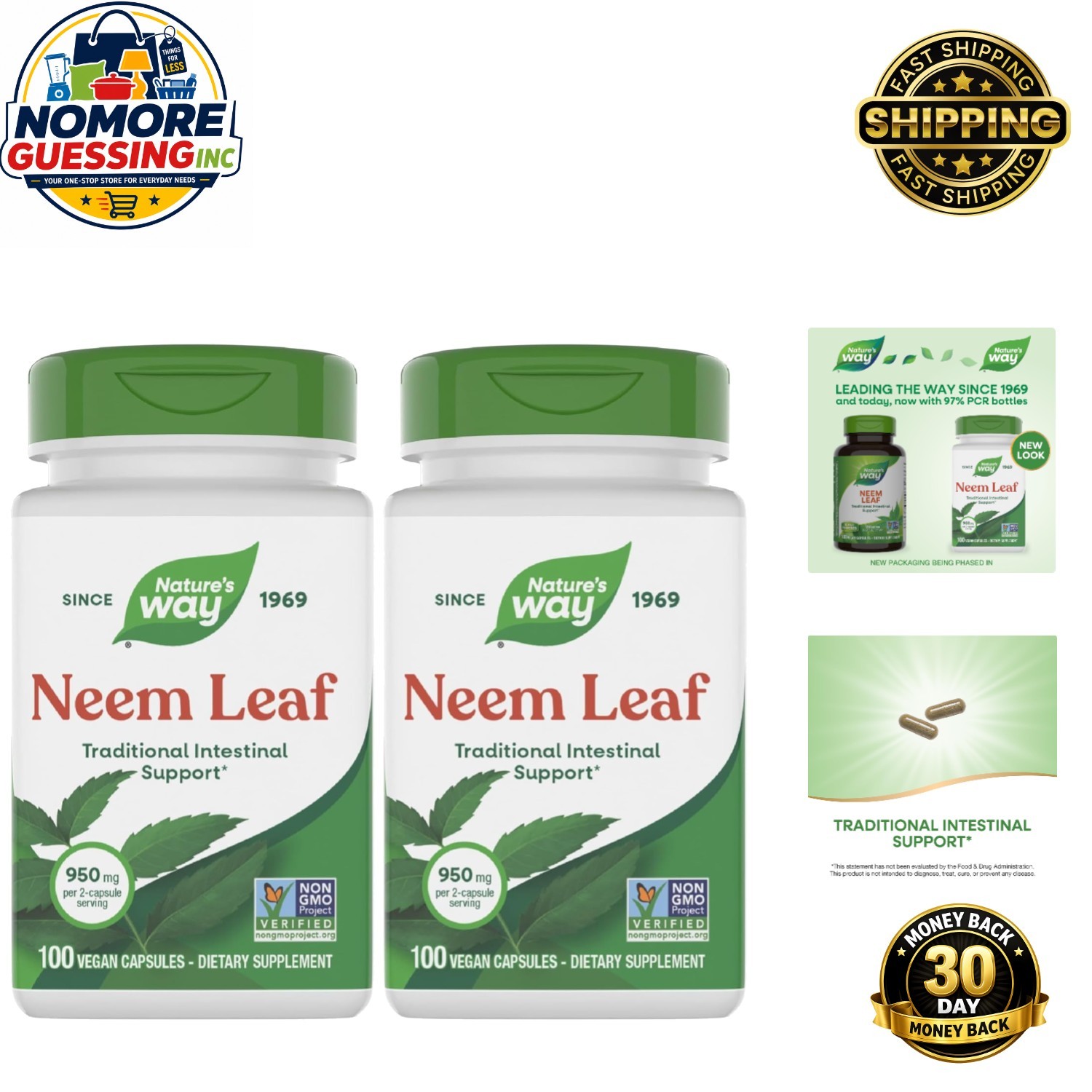 200 Count Neem Leaf Capsules, Non-GMO, Gluten-Free, Digestive Health Solution