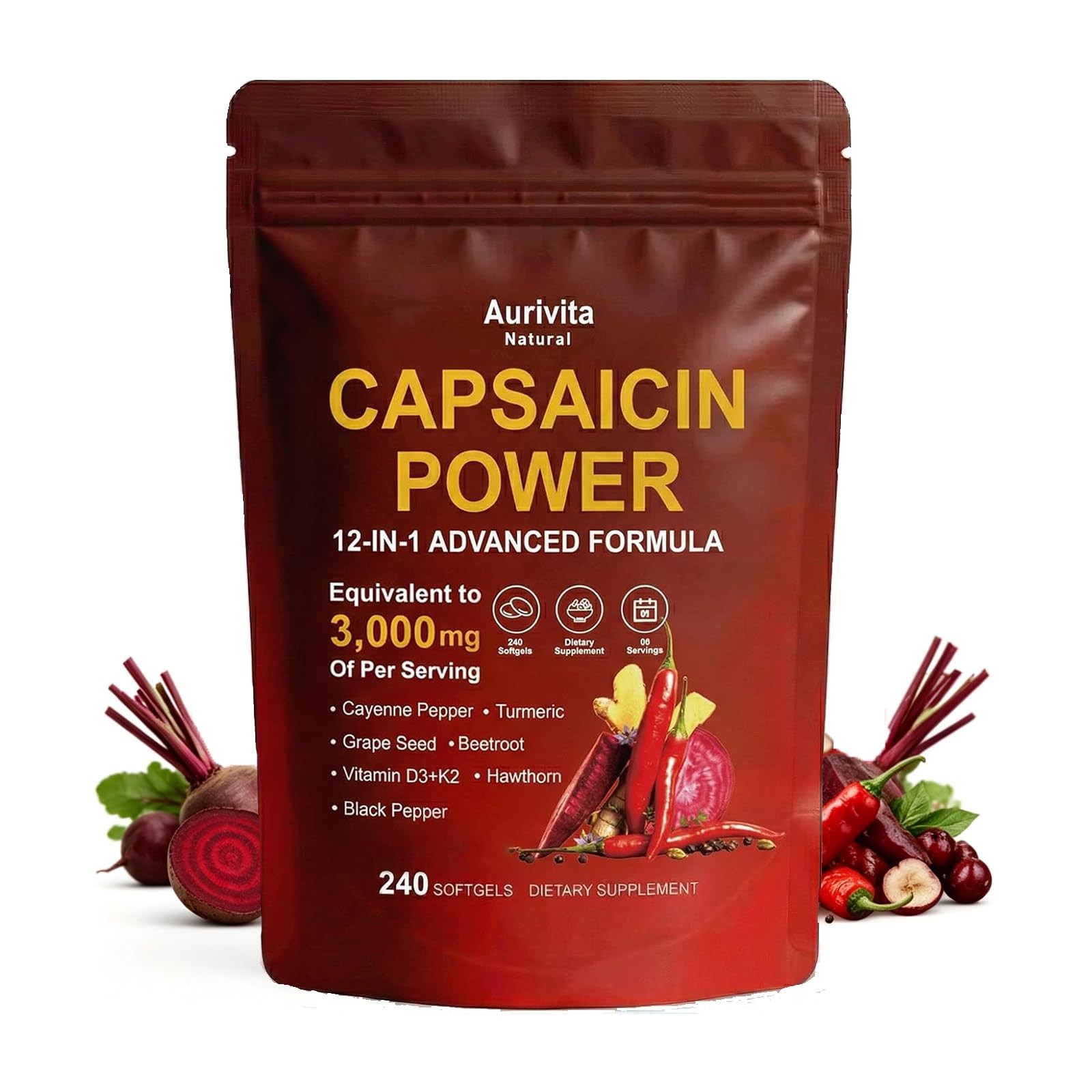 Aurivita Capsaicin & Cayenne Softgels w/ Vit E, D3+K2, Botanicals 240 Capsules