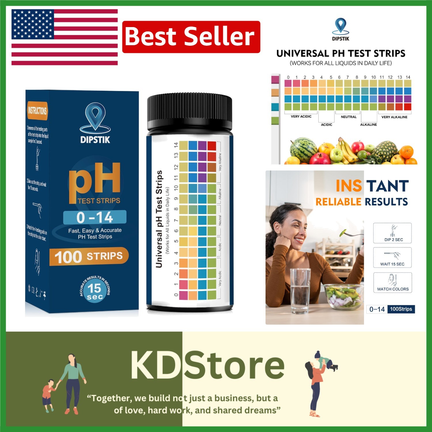 pH Strips 0-14 Universal for Water, Pool, Aquarium, Spa, Food, 100ct