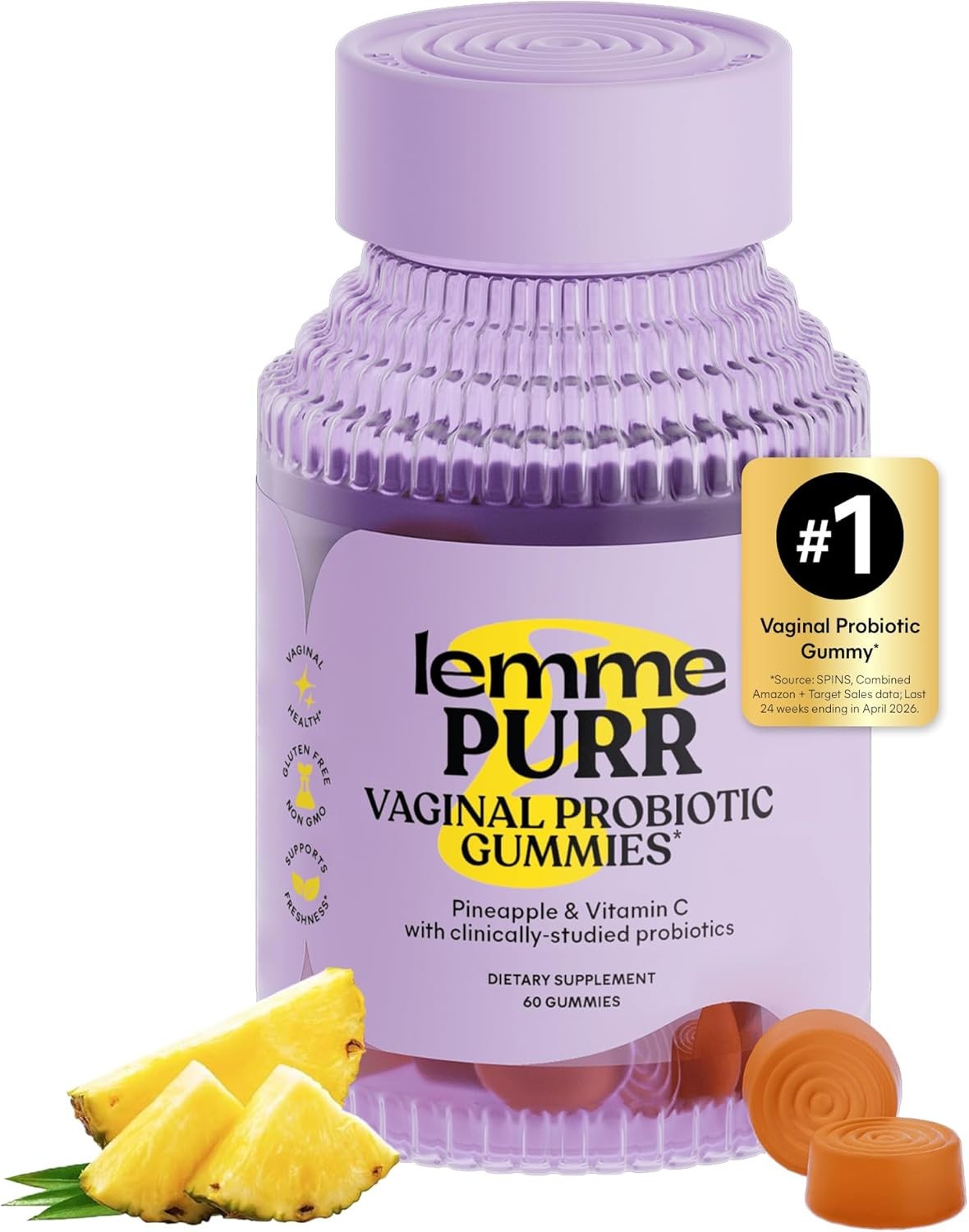 Lemme Purr Vaginal Probiotic Gummies Pineapple & Vitamin C 60 Count