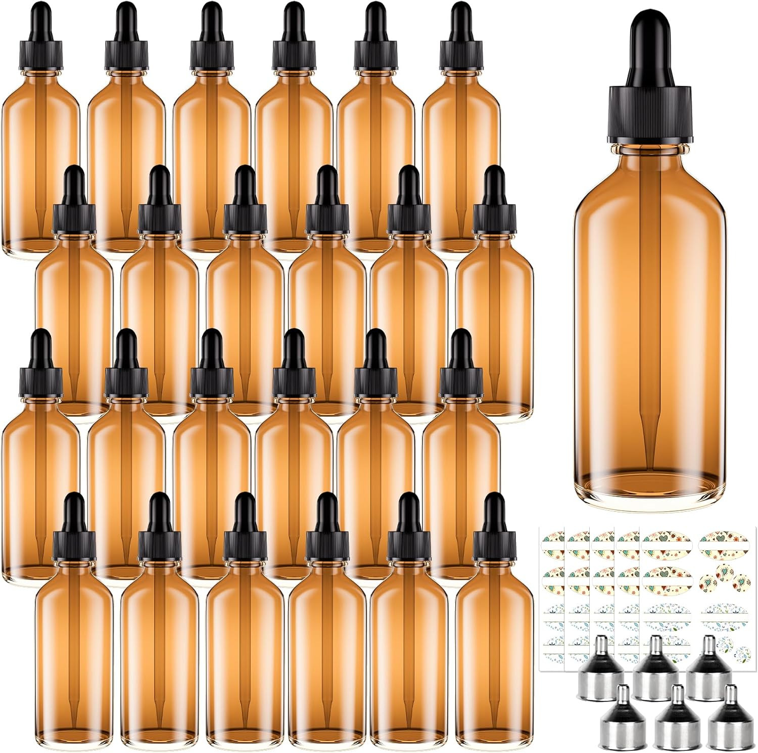 Amber Glass Dropper Bottles 2oz 24 Pack with Eye Droppers for Essential Oils