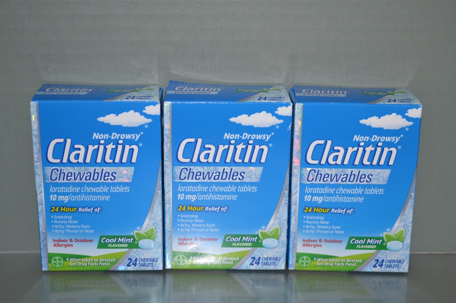 (3) Claritin Chewables 24Hr Allergy Relief 24 Cool Mint Tablets Each, Exp 11/26