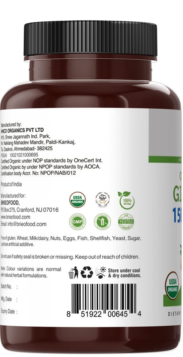 Brieofood Organic Ginger 1500mg, 45 Servings, 90 Count (Pack of 1)