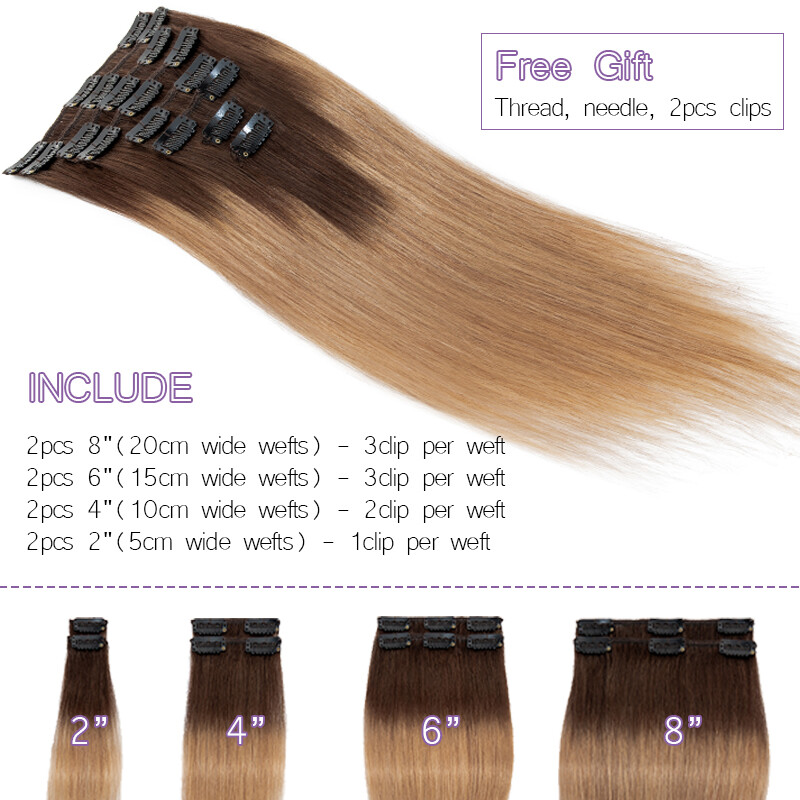 Clip In Hair Extensions 100% Remy Human Hair 8Pieces 18Clips Balayage Full Head