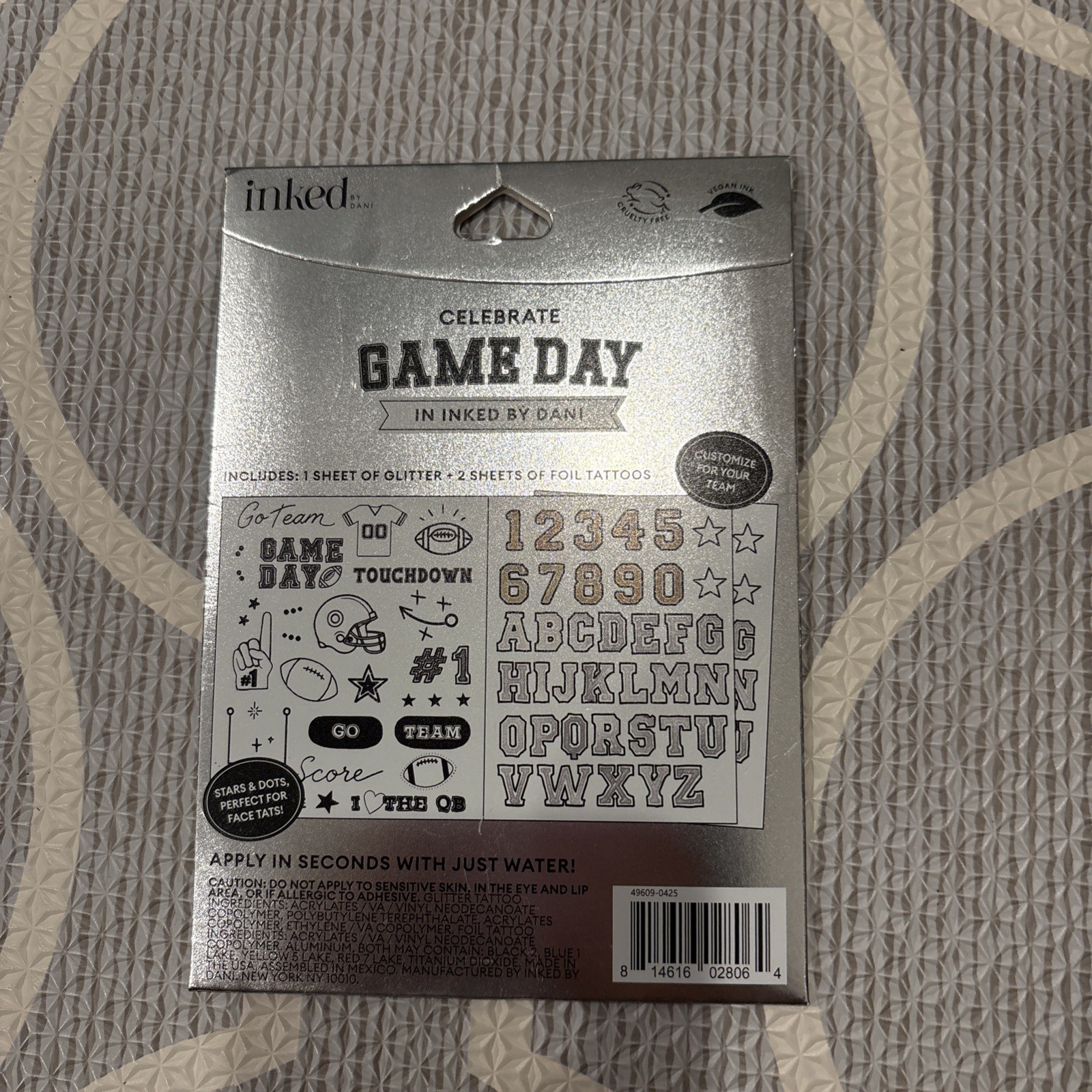 Game Day Temporary Hand-Drawn Tattoos Glittery Designs of Football Graphics NEW