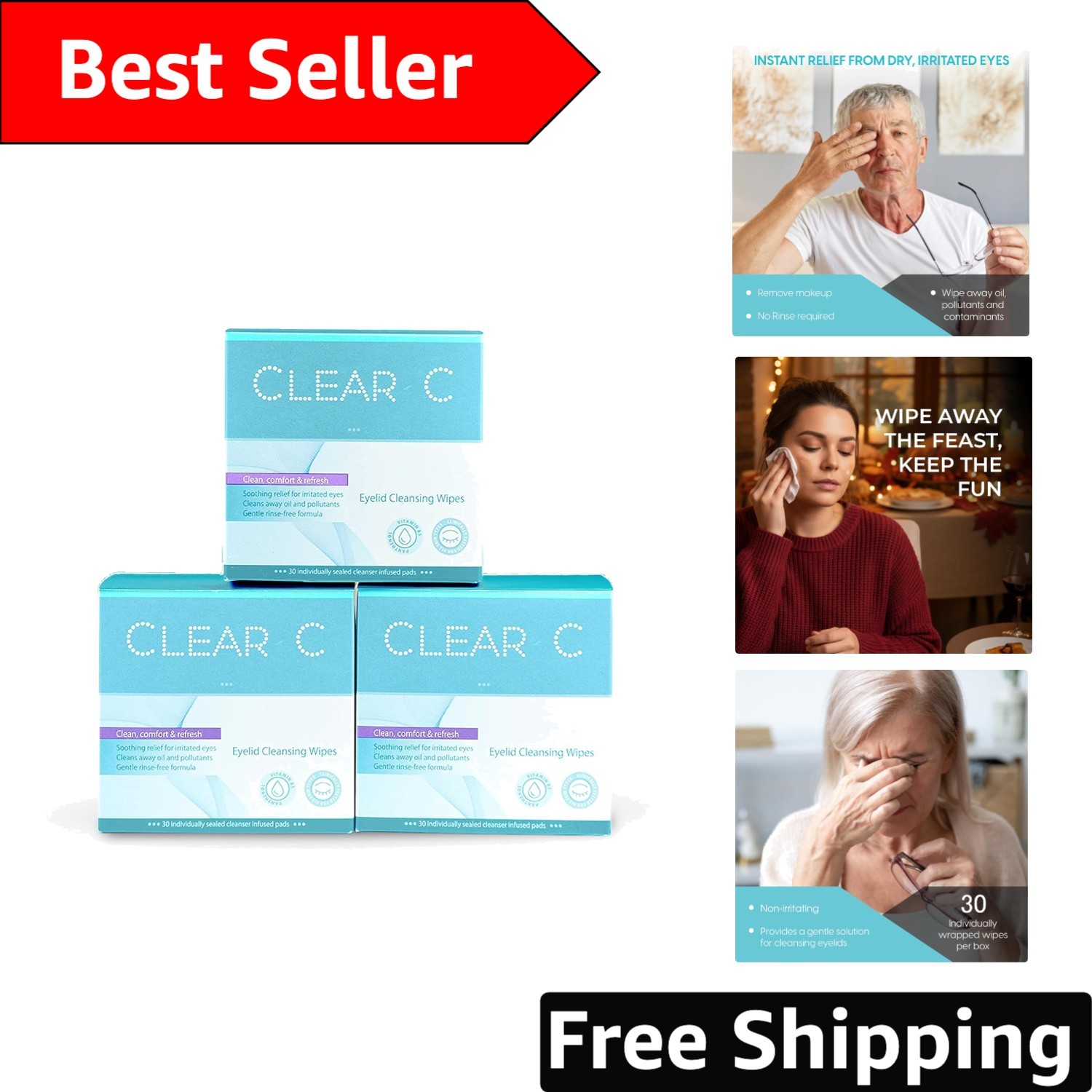 Individually Wrapped Clear C Eyelid Wipes – Soothing Unscented Cleanser for Eyes