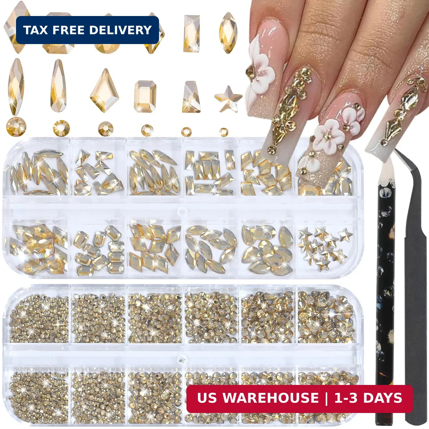 Nail Rhinestones – 3D Multi Shape Size Crystal, Champagne Gold Nail Gems, Flat B