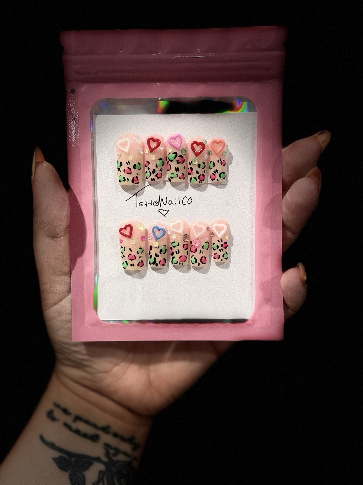 TattedNailCo Press-On Nails Multicolor 3D Full Cover Pre-Designed Short Square