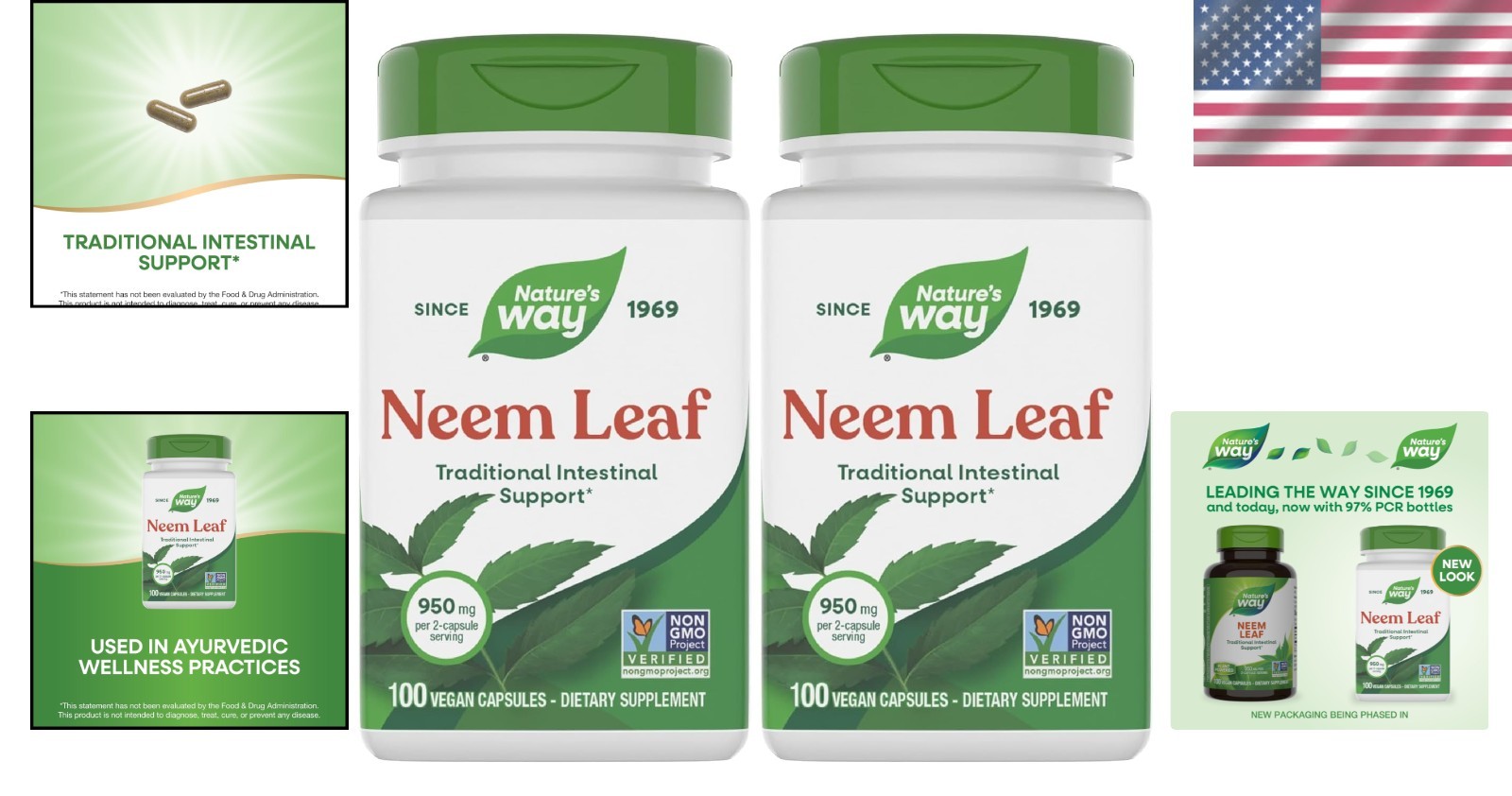 200 Count Neem Leaf Capsules, Non-GMO, Gluten-Free, Digestive Health Solution